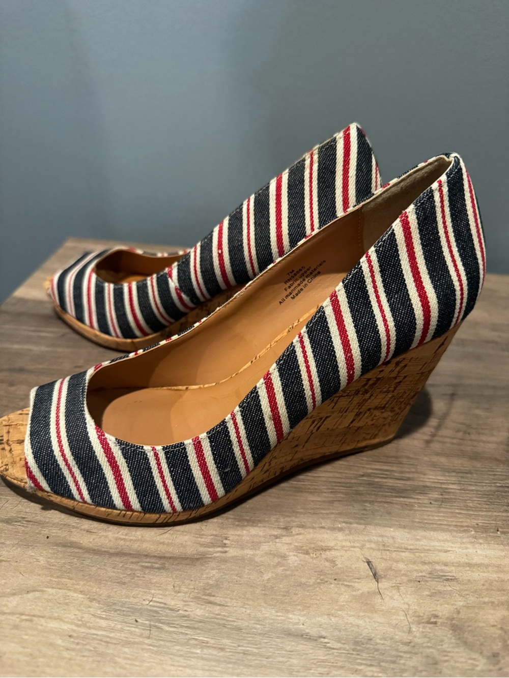 Caslon Navy Red White Striped Peep Toe Cork Wedge Heels Size 7